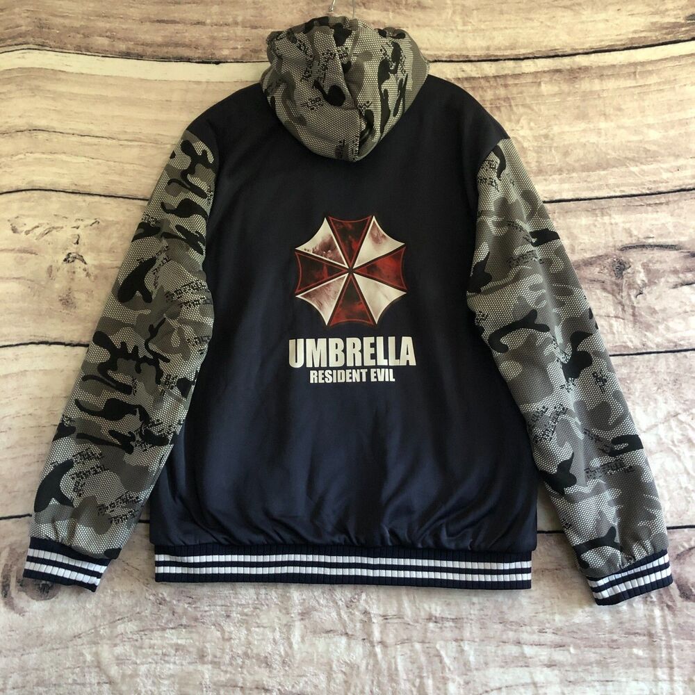 Resident Evil Jacket Mens 4XL Blue Gray Camo Hooded Fleece Umbrella Requiem 9